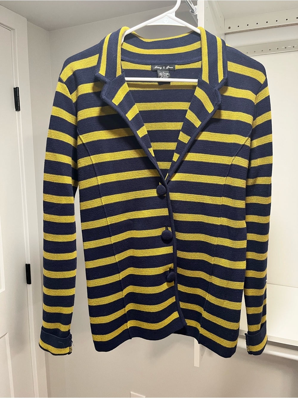 Audrey & Grace Navy and Yellow Striped Button-Front Cardigan